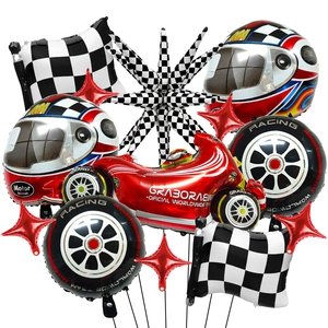 Racesport Thema Aluminiumfolie Ballonnen Motorhelm Band Geruite Vlag Voor Kinderen Race Verjaardagsfeest Decoratie