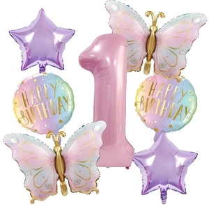 Detail of pink number one and butterfly foil balloons set for 1st birthday party decor
