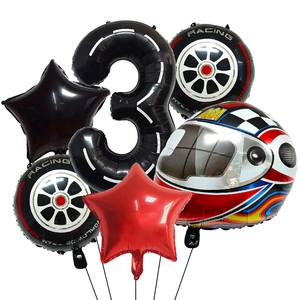 Kit d'anniversaire 3 ans course avec ballon chiffre 3 et formes pneu et casque