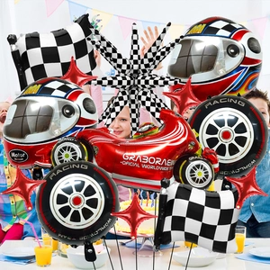 Race thema ballonnenset met auto helm en geblokte vlaggen voor verjaardagsfeest decoratie