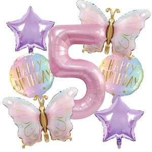 7-piece butterfly balloon set with pink number 5 and stars for birthday party decor