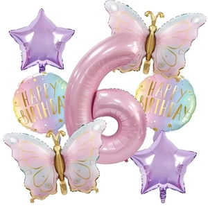 Detailed set of butterfly and pink number 6 foil balloons for 6th birthday decorations