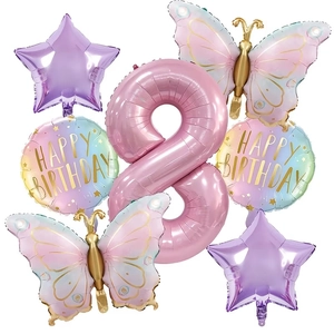 Close-up of birthday balloon set with pink number 8 and colorful butterfly foil balloons