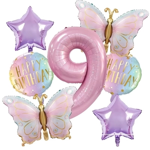 7-piece birthday decor set with pink number 9, butterfly and star foil balloons