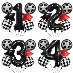 Racing Theme Birthday Party Decoration Set Black Number Aluminum Foil Balloon Checkered Flag Tire Star Balloons Kit