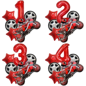 Racing motorcycle foil balloon set with red numbers and tires for kids birthday party