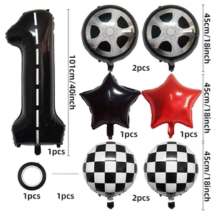Racing theme party balloon set with 40-inch number 1, tire and checkered foil balloons