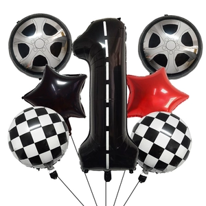 Racing car 1st birthday balloon set with road pattern number 1 and tire foil balloons