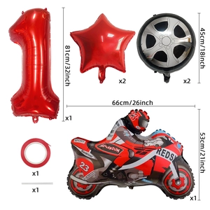 Racing theme birthday kit with motorcycle, tire balloons, and red number one foil