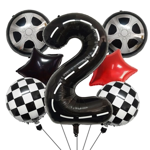 Racing theme birthday balloon set with black number 2 road pattern and checkered flags