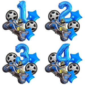 Racing motorcycle foil balloon set with blue number and tire balloons for kids birthday