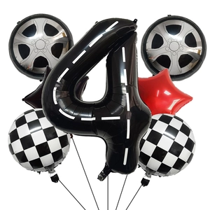 Racing theme foil balloon set with number four tire and checkered flags for party decor