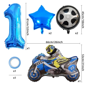 Racing car party balloon set with blue number 1, motorcycle and tire foil balloons