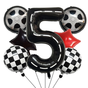 Racing themed balloon set with number 5 tire pattern and checkered flag decorations