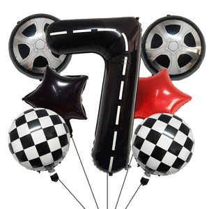 Detail of racing theme balloon set featuring race track number 7 and checkered foil balloons
