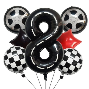 Racing party balloon set with number 8 track pattern and checkered flag foil balloons
