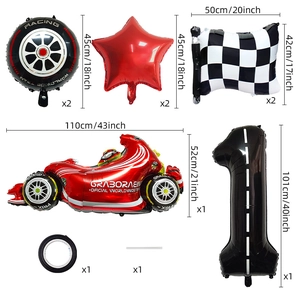 Racing themed balloon set with red motorcycle, flags and 40 inch number 1 balloon