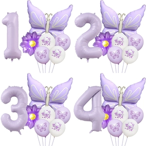 Butterfly Party Balloons Purple Aluminum Foil Latex Number Flower Pattern Decorative For Birthday Wedding Celebration
