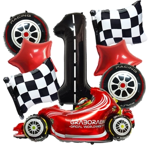 Racing car birthday balloon kit with red motorbike, number 1 and checkered flag balloons