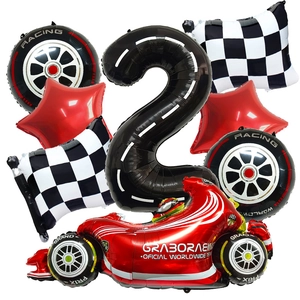 Racing themed birthday balloon set with number 2 black road track and red motorcycle