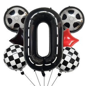 Racing car themed balloon set with giant number 0 and checkered flag balloons for parties