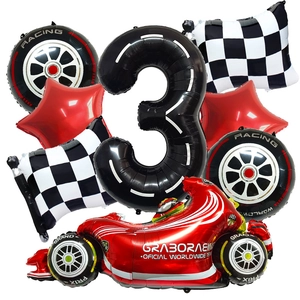 Racing car theme balloon set for 3rd birthday featuring red F1 car and checkered flags