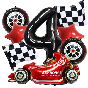 Racing themed party decoration set with red race car and number 4 checkered foil balloons