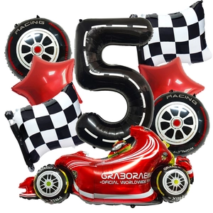 Racing party balloon set with number 5 road pattern and red race car foil balloons