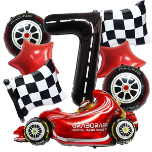 Racing theme set featuring black number 7 balloon with white road lines and red race car