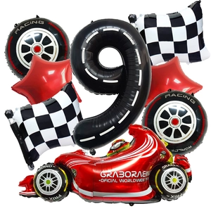 Racing party set with number 9 balloon, checkered flags and red race car foil balloons