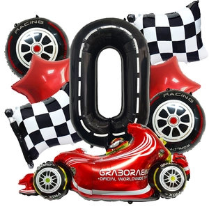 Racing themed party kit with red race car, number 0, and checkered flag foil balloons
