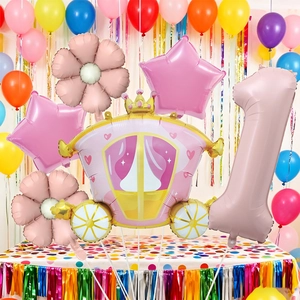 Set de globos de carruaje de princesa y número 1 rosa para decoración de primer cumpleaños