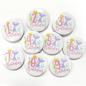 Mermaid birthday tinplate badge set with numbers 1 to 9 for party decoration