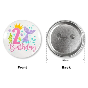 Detailed view of 58mm mermaid theme 2nd birthday pin badge with safety pin back