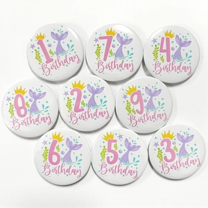 Detailed set of 9 mermaid birthday badges featuring pastel numbers from 1 to 9