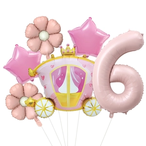 Set de globos de carruaje de princesa rosa y número 6 para fiesta de 6 cumpleaños
