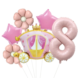 Set de globos rosa número 8 con carruaje de princesa, corona y margaritas para fiestas