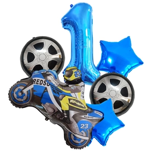 Racing themed 1st birthday balloon set with blue number 1 and checkered tire foil balloons