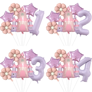 Ballons En Aluminium Château De Princesse Grand Chiffre Fleur Étoile Décoration De Fête D'anniversaire Fille Macaron Rose Violet