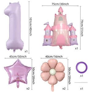 Kit ballons château de princesse avec chiffre 1 violet et fleurs pour anniversaire