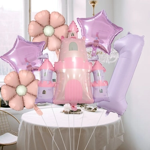 Kit de ballons premier anniversaire avec château rose et chiffre 1 en tons pastel doux