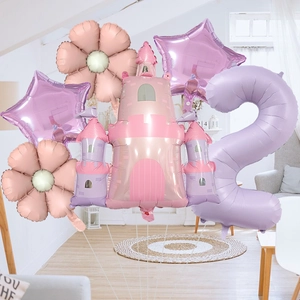 Kit ballons château de princesse avec marguerites et chiffre 2 pour fête de filles