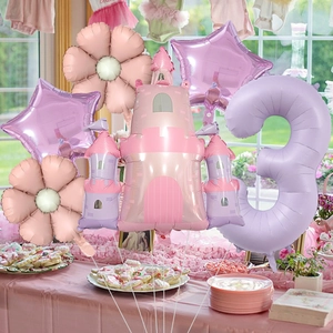 Kit ballons château de princesse avec chiffre trois violet pour décor d'anniversaire