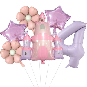 Kit ballons château rose avec chiffre 4 violet et fleurs marguerites pour fête