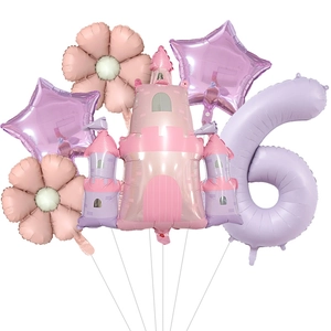 Kit ballons château princesse avec marguerite et chiffre six violet pour fête