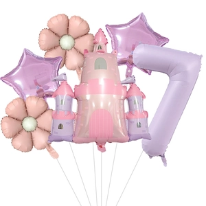 Kit ballons château rose et marguerite avec étoile violette et chiffre sept fête