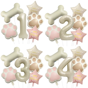 Cream Bone Number Aluminum Foil Balloons Collection Happy Birthday Party Decoration Pet Theme Paw Print Star Balloons