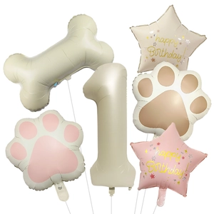 Dog bone and paw foil balloon set with beige number one for birthday party decor