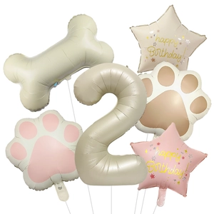 6-piece cream dog bone and paw foil balloon set with number 2 for birthday party decor
