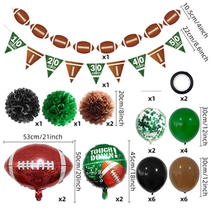 Detailed set of football theme party decorations including foil balloons and paper pom poms